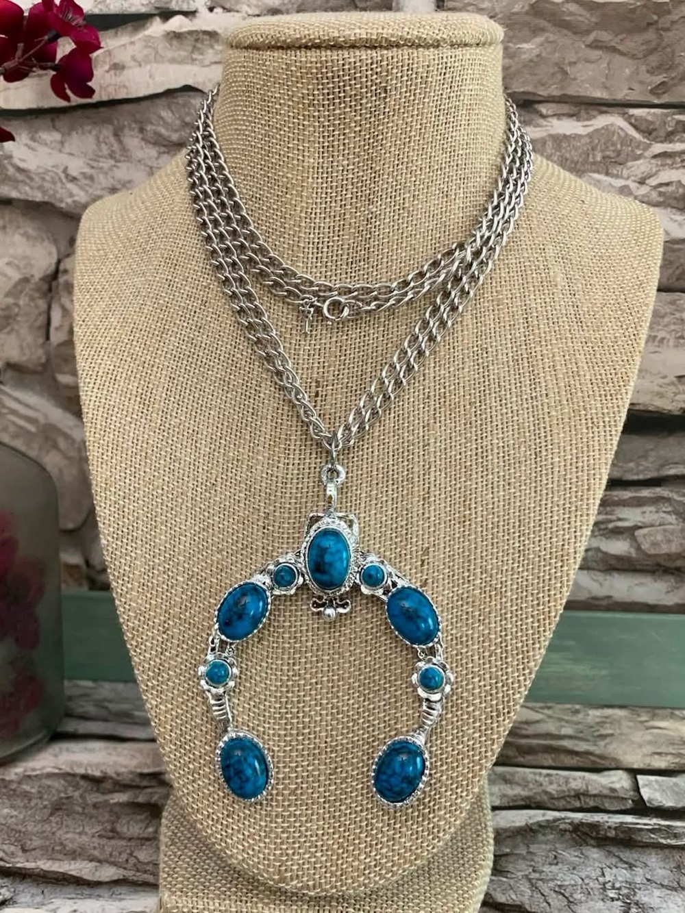 Vintage Signed Trifari 56” Necklace Chain Faux Turquoise Squash Blossom Pendant